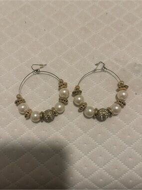 Gold and White Pearl Hoop Earrings